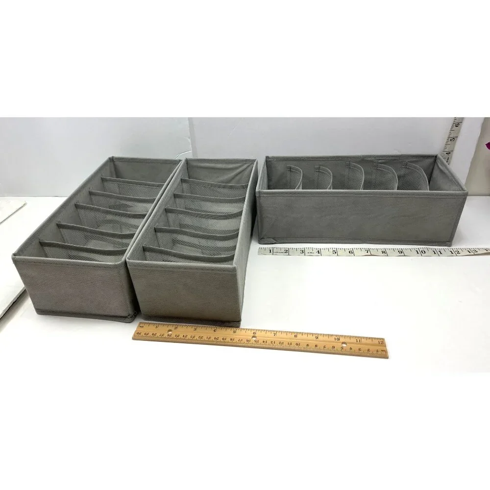 Foldable Drawer Organizers Set Of 3 W/ Mesh Dividers For Socks & Underwear Gray